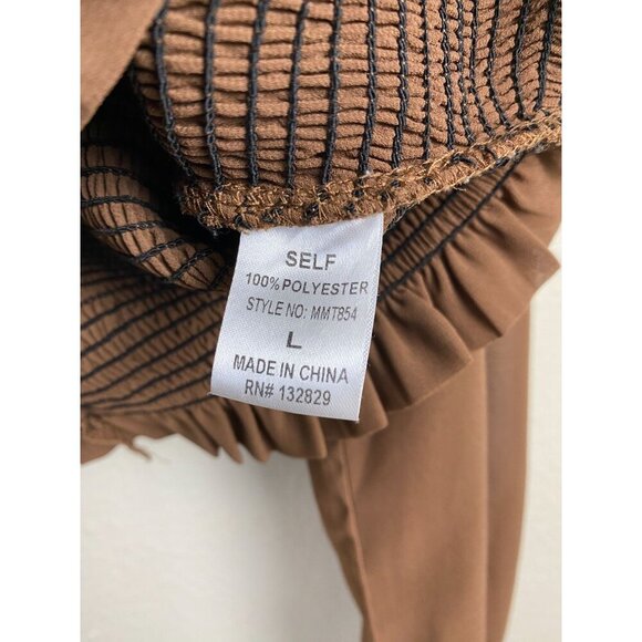 Miou Muse Brown Smocked Top Womens size Large Long Sleeve Boho Capsule Peasant - Picture 4 of 11